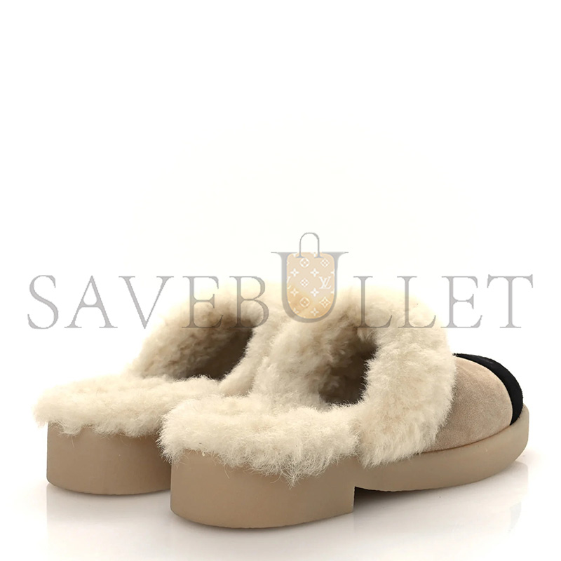 CHANEL SUEDE SHEARLING INTERLOCKING CC CAP TOE MULES